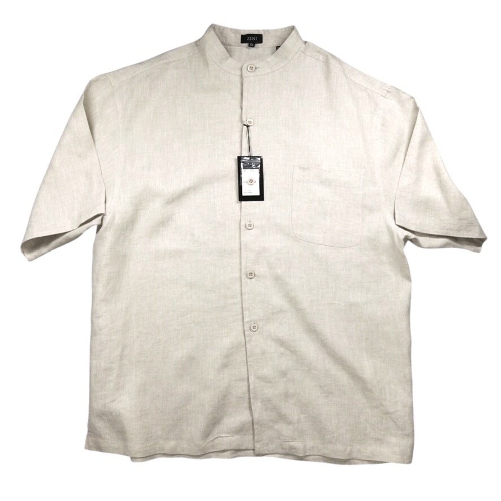 NWT ZINI Linen Shirt Mens XXL Beige Short Sleeve Mandarin Collar Minimalist